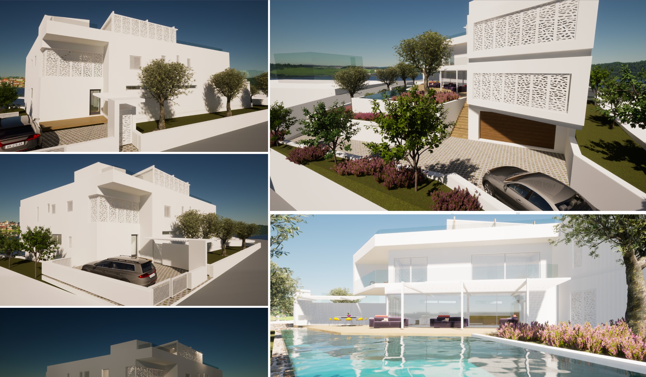 Villa Montemar — arkkitehtuurivisualisoinnit, joissa näkyvät yksityinen allas, terassi ja moderni julkisivu koristeellisine laserleikatuine säleikköineen yöllä
